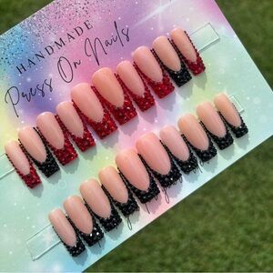 Long and medium square press on nails black red French tip rhinestones handmade